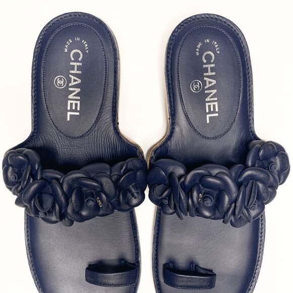 Chanel Camellia Flower CC Logo Flat Toe Ring Slide Blue Sandals EU 40 US 9-9.5 - Picture 4 of 9